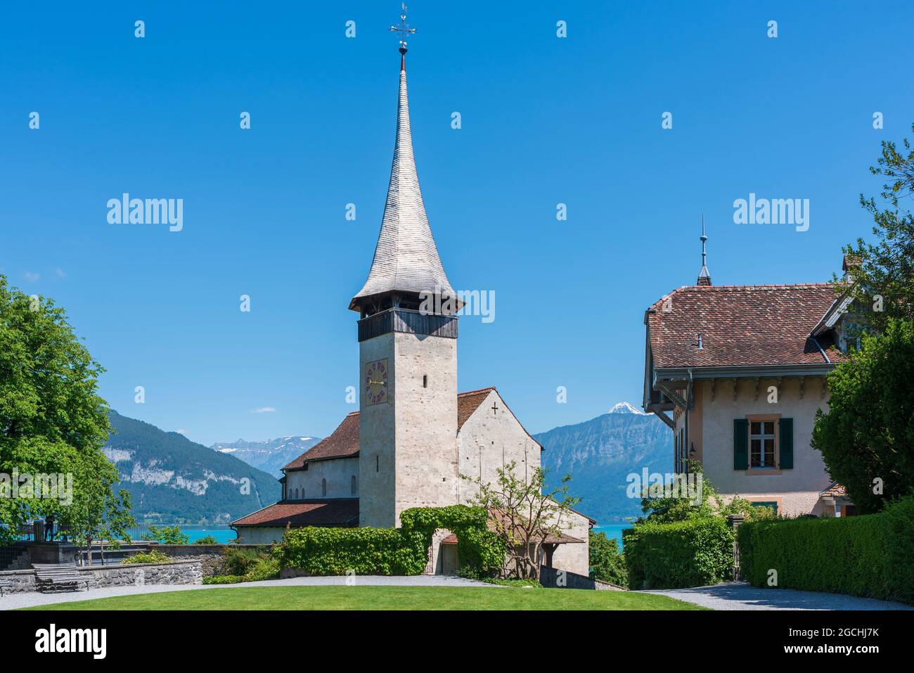 Geographie / Reisen, Schweiz, Schlosskirche St. Kolumban, Spiez, Berner Oberland, ZUSÄTZLICHE-RIGHTS-CLEARANCE-INFO-NOT-AVAILABLE Stockfoto