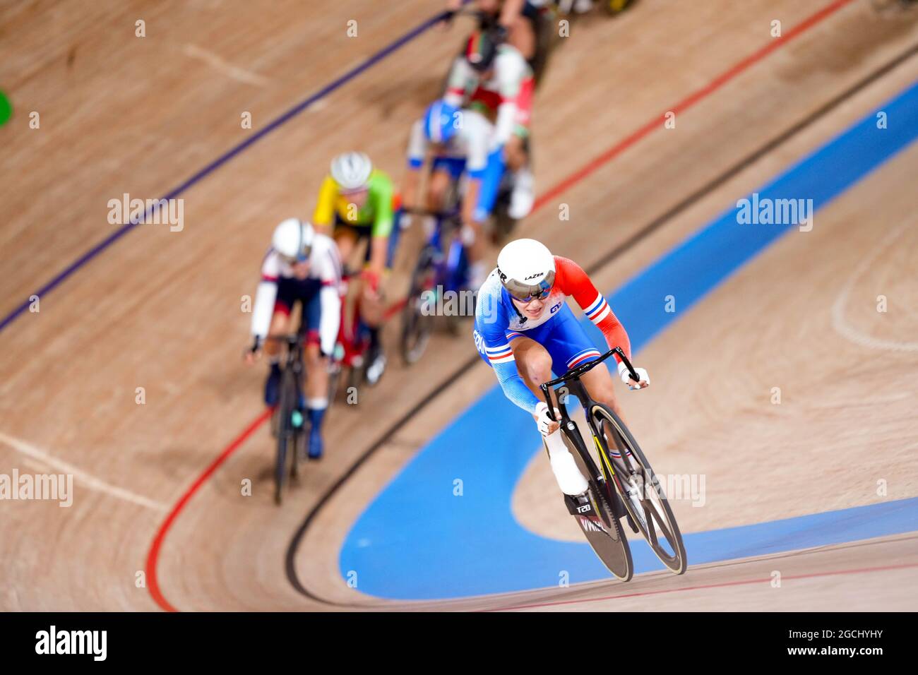 Shizuoka, Japan. August 2021. Clara Copponi (FRA) Cycling : Women's Omnium Tempo Race 2/4 während der Olympischen Spiele 2020 in Tokio auf dem Izu Velodrome in Shizuoka, Japan . Quelle: Shutaro Mochizuki/AFLO/Alamy Live News Stockfoto