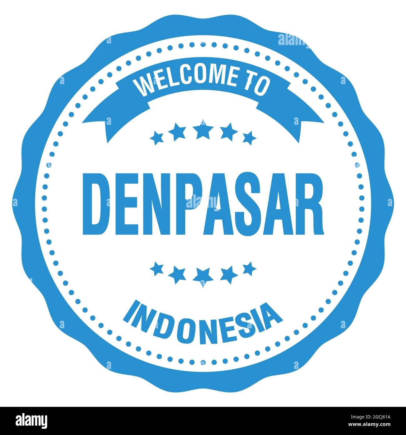 WILLKOMMEN IN DENPASAR - INDONESIEN, Worte auf blauem runden Abzeichen-Stempel geschrieben Stockfoto