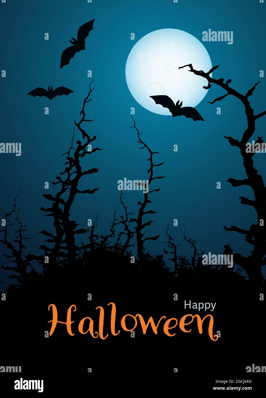 Ein Flyer für eine Halloween Party. Ein heller Mond mit Silhouetten von Fledermäusen gegen den dunklen Himmel und ein schrecklicher Wald mit einem Friedhof Stock Vektor