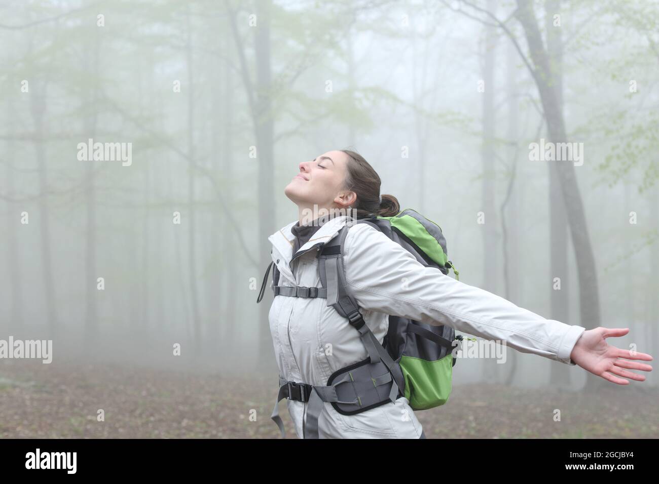 Fröhlicher Wanderer, der frische Luft atmet und die Arme an einem nebligen Tag im Wald streckt Stockfoto