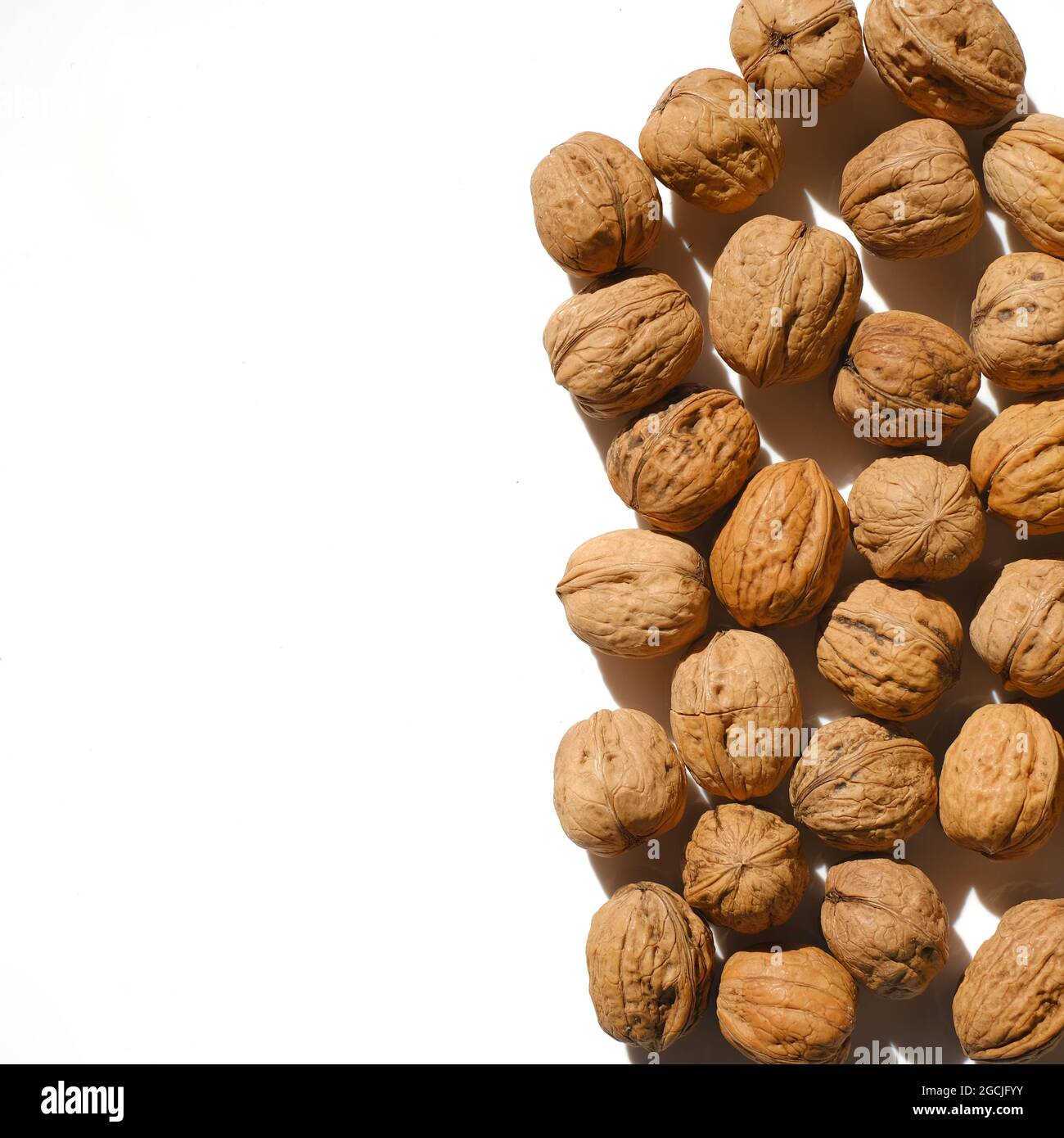 Ungeschälte Walnüsse auf hellem Hintergrund. Nüsse und Samen. Gesunde Fette. Stockfoto