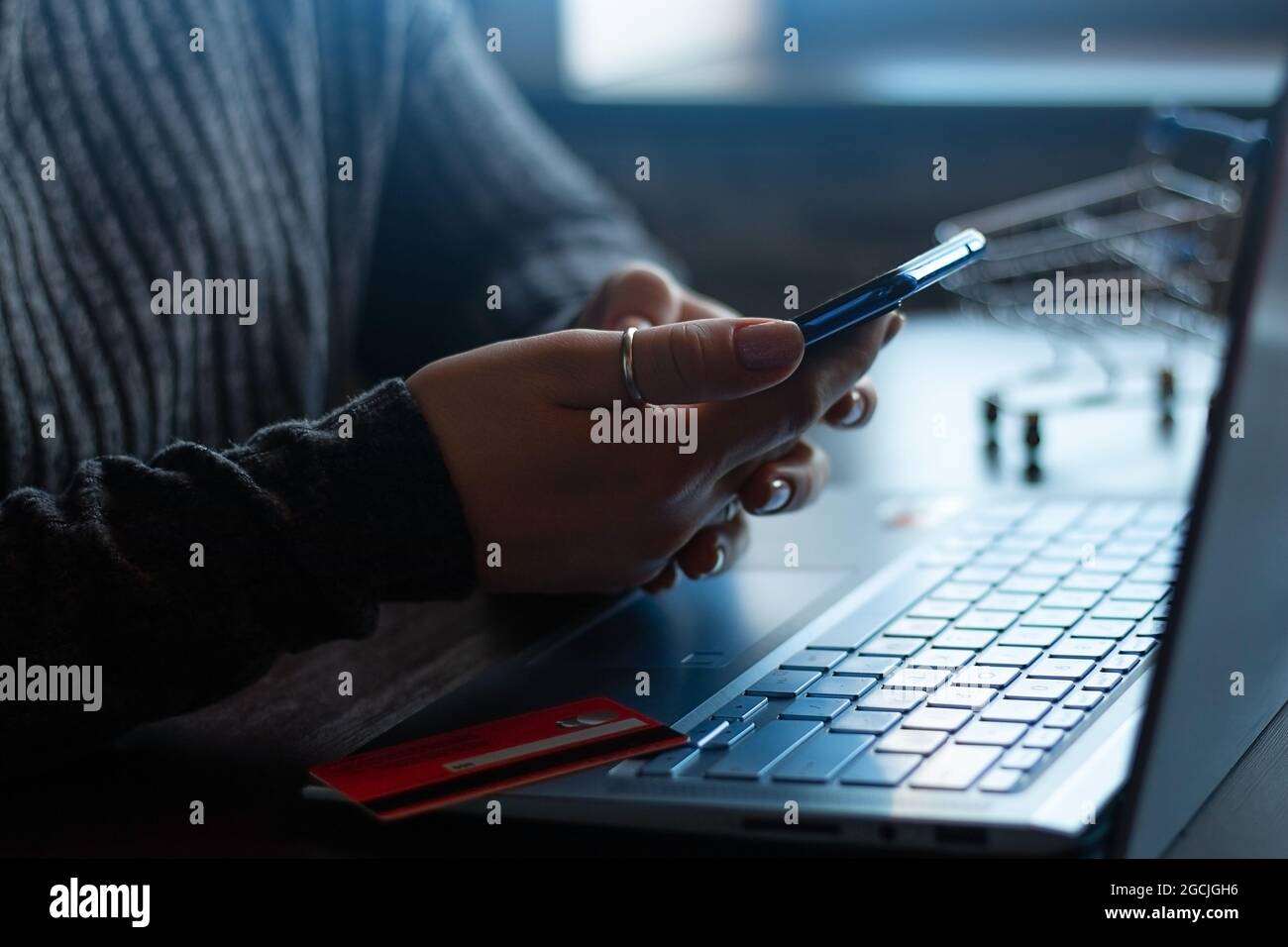 Die Nahaufnahme eines Mädchens mit einem Smartphone macht Einkäufe in einem Online-Shop auf dem Hintergrund eines Laptops und einer Bankkarte Stockfoto
