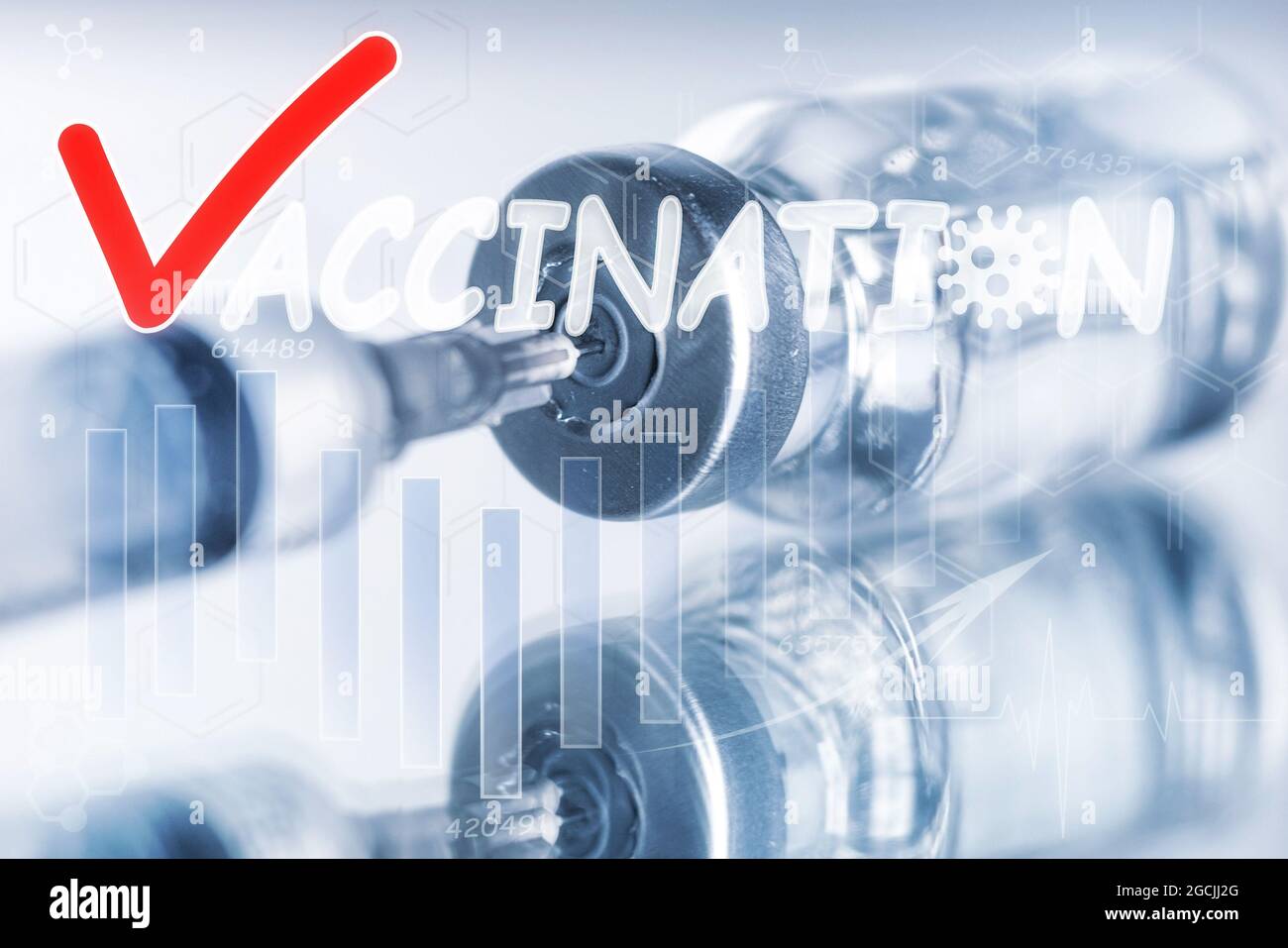 Impfstoff und Spritze Nahaufnahme Beschriftung Impfkonzept Impfung covid 19 Pandemie Stockfoto