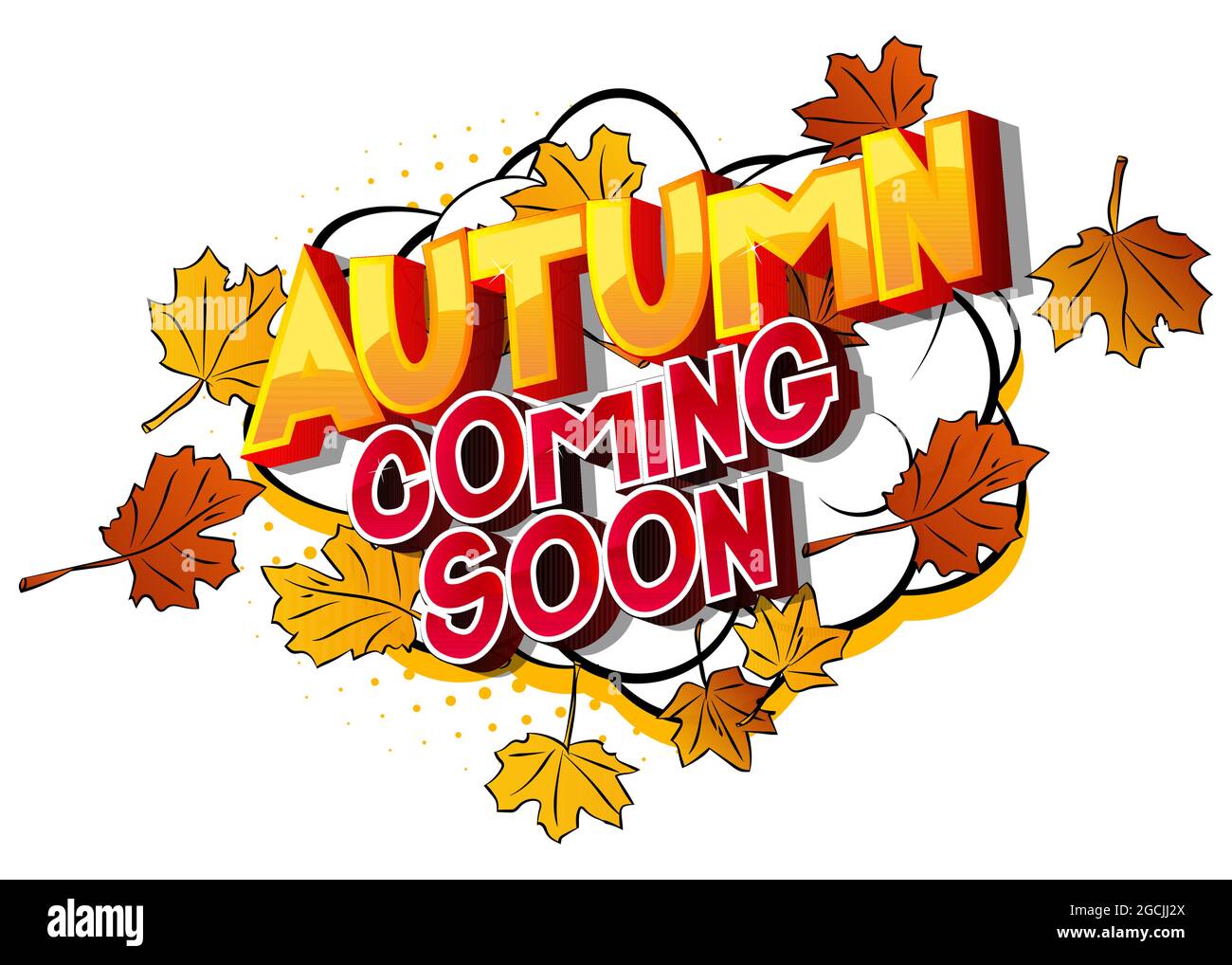Herbst, demnächst - Comic-Wort auf bunten Comics Hintergrund. Abstrakter saisonaler Text. Stock Vektor
