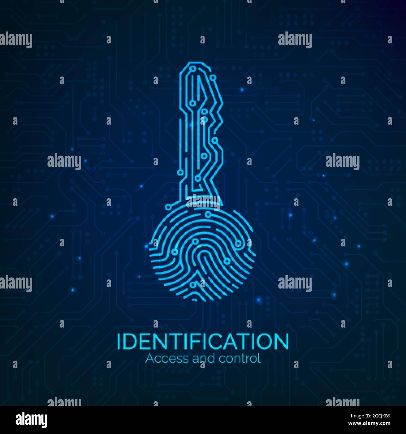 Circuit Key Fingerabdruckscanner. Scannen Sie die elektronische Verifikation und Identifizierung von biometrischen Fingerabdrücken. Vektorgrafik Stock Vektor