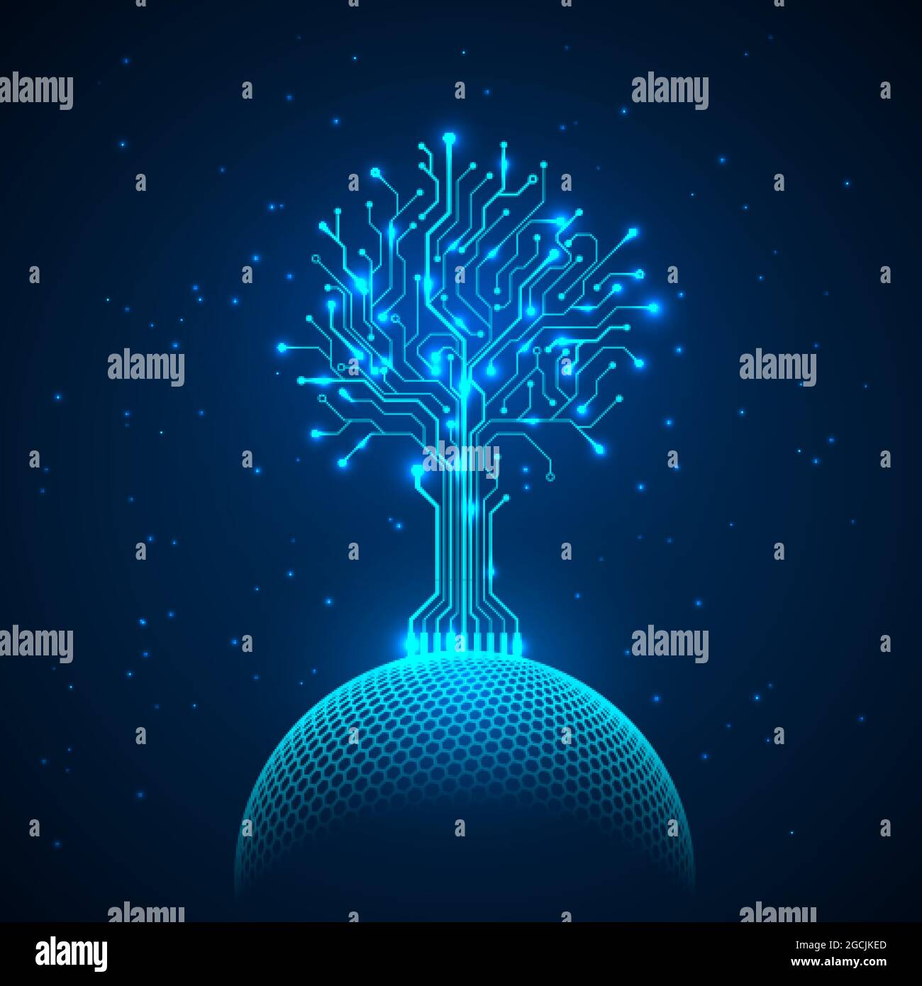 Schaltkreis-Baum auf Netzwerk-Kugel. Abstrakt futuristischen Hologramm Sci Fi Hintergrund. Vektorgrafik Stock Vektor