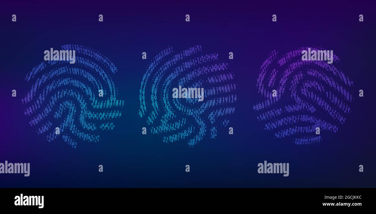 Satz von Fingerabdrücken für Binärcode. Biometrische ID Digitaler Schlüssel zur Software-Identifizierung. Fingerabdruckscanner in futuristischem Technologiesystem. Vektor-Abb. Stock Vektor