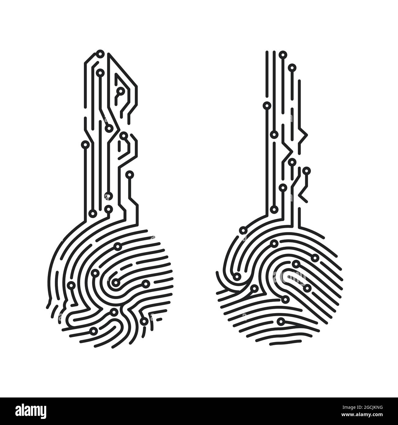 Fingerabdruckschlüssel für Schaltkreis. Benutzerüberprüfung des Sicherheitssystems. Biometrische ID für die Softwareanmeldung. Vektorgrafik Stock Vektor