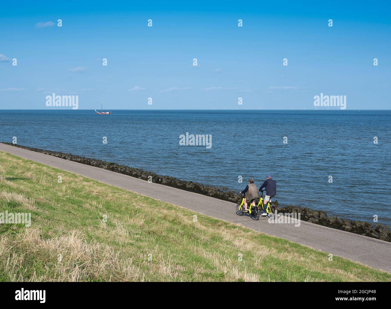 Im Sommer fahren Paare auf dem Deich des wattenmeeres auf der niederländischen Insel texel mit dem Fahrrad Stockfoto