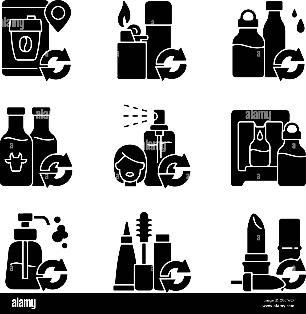 Nachfüllbare Produkte schwarze Glyphen-Symbole auf weißem Raum Stock Vektor