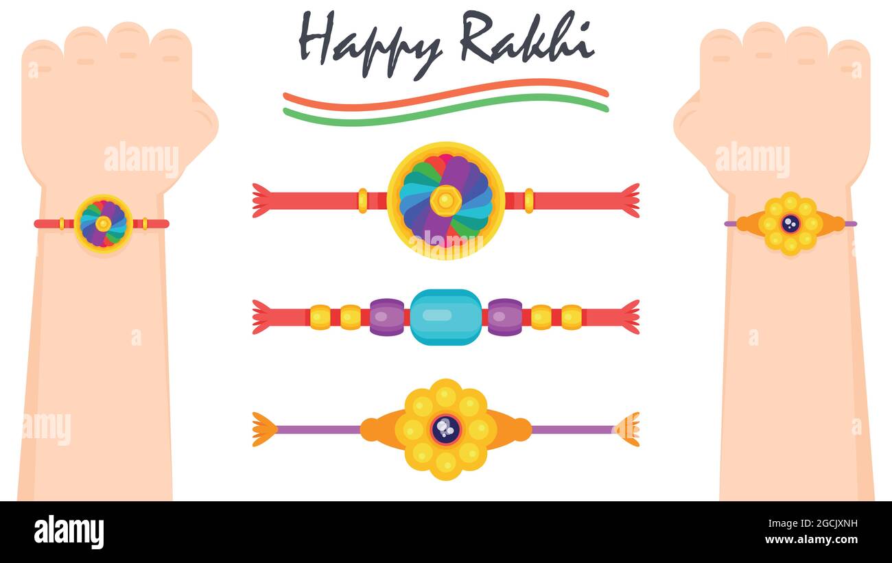 Draufsicht auf die Hand eines Mannes, der Rakhi am Tag von raksha bandhan trägt. Verschiedene Designs von Rakhi. Vektor-Illustration mit flachem Design. Stock Vektor