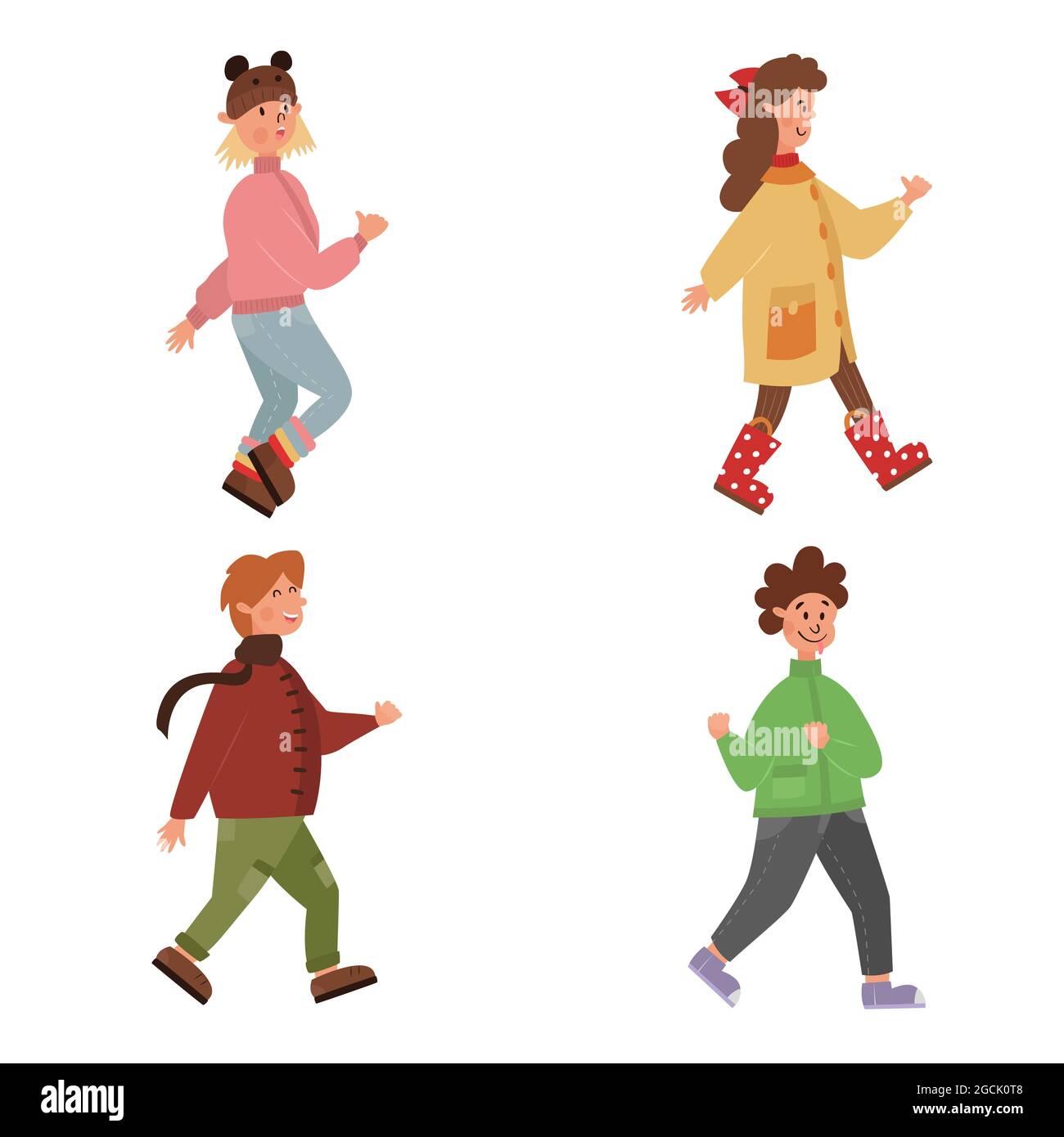 Cartoon Satz von niedlichen Kindern in Bewegung. Lustige Schuljungen und Mädchen gehen. Helle flache Darstellung von Menschen in Herbst- oder Frühlingskleidung. Kinder Stock Vektor