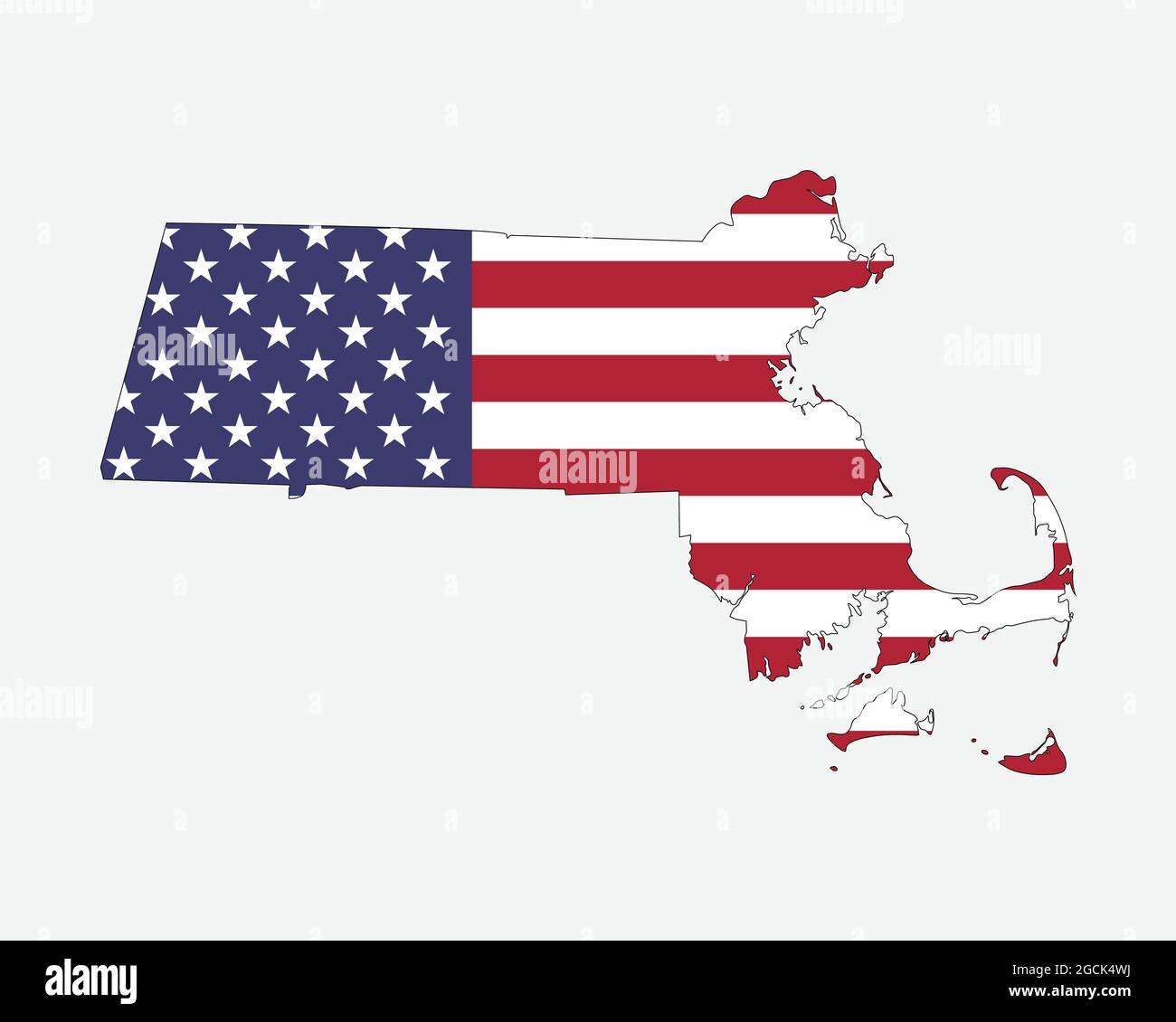 Massachusetts Karte Amerikanische Flagge. MA, USA State Map auf US-Flagge. Symbol „EPS-Vektorgrafik Clipart“ Stock Vektor