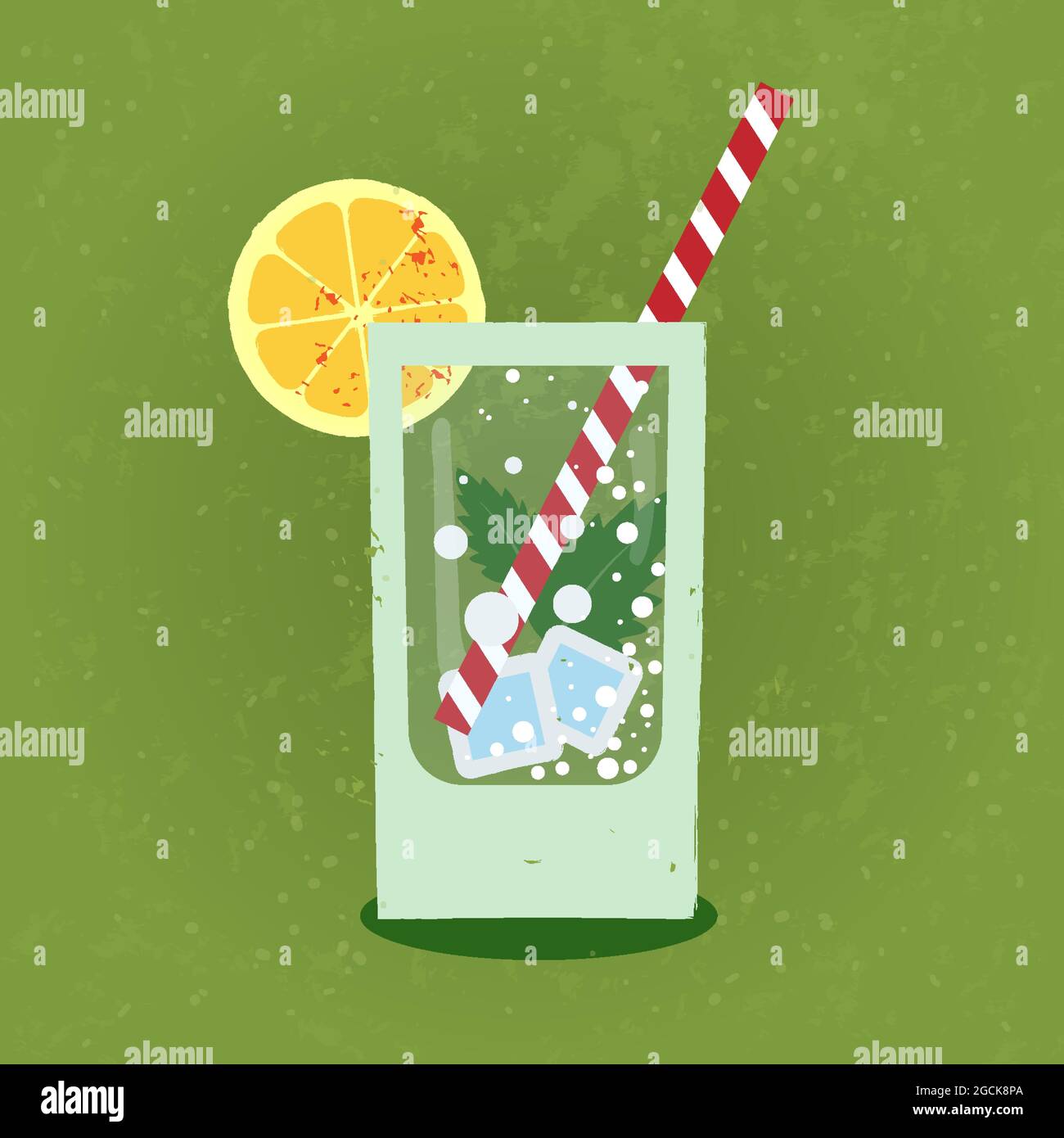 Limonade mit Eis in Glas auf grünem, erfrischendem Hintergrund.Vintage Vektor flach im Retro-Stil Stock Vektor