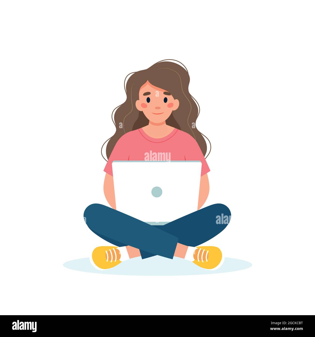 Frau mit einem Laptop arbeiten, Student oder Freiberufler Konzept. Vektor-Illustration im flachen Cartoon-Stil Stock Vektor