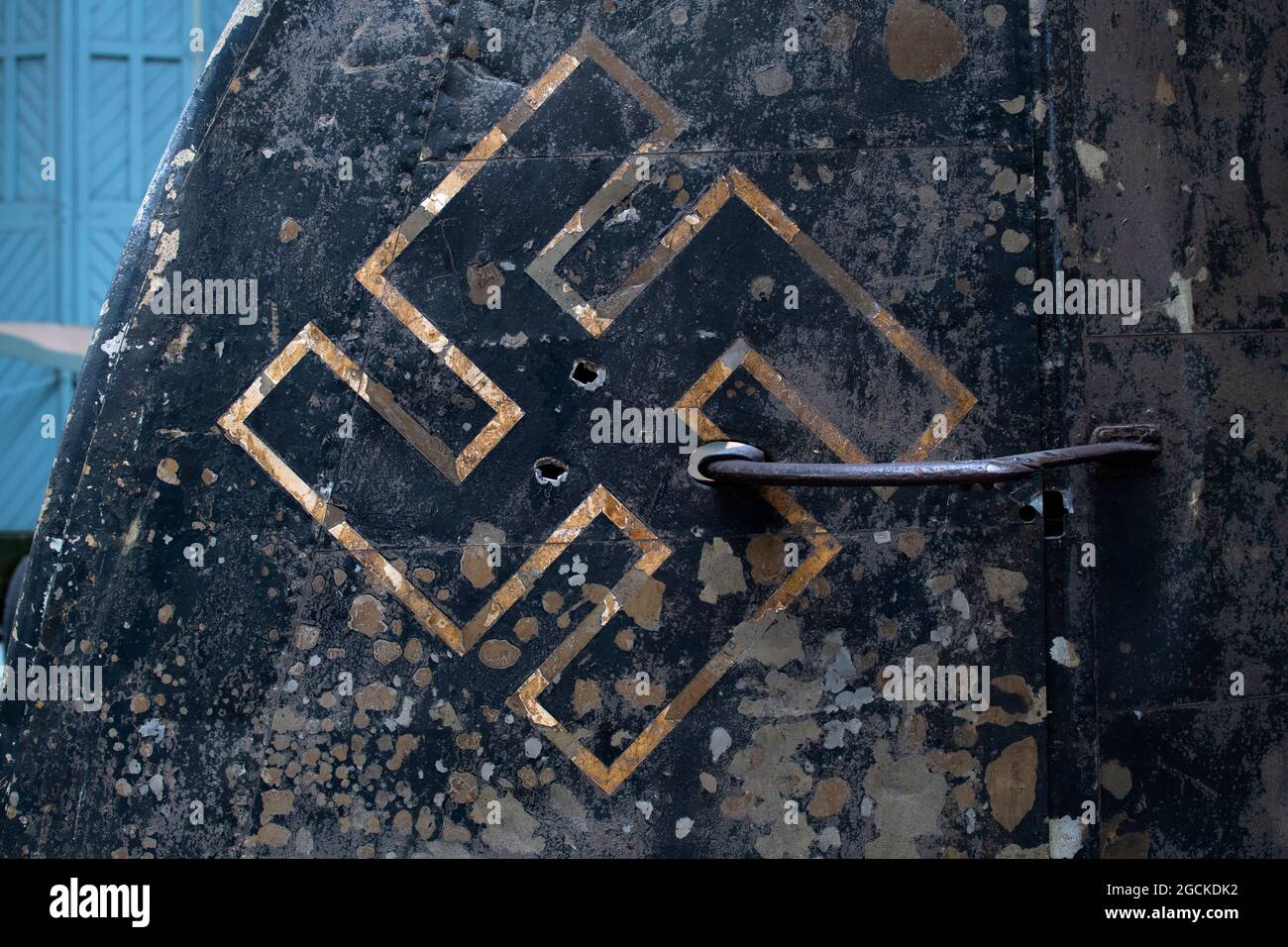 Duxford Imperial war Museum Foto von Brian Harris 5. August 2021 IMW Duxford, Cambridgeshire England UK Swastika am Schwanz Fin of Heinkel HE 111E RE Stockfoto