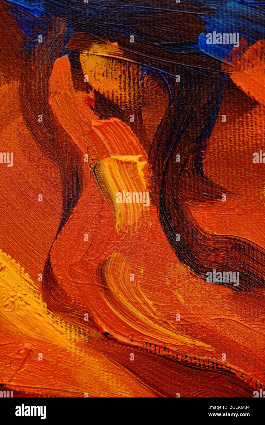 Abstraktes Ölgemälde. Mix aus roten, orangen und blauen Farben. Kreativer Hintergrund. Stockfoto