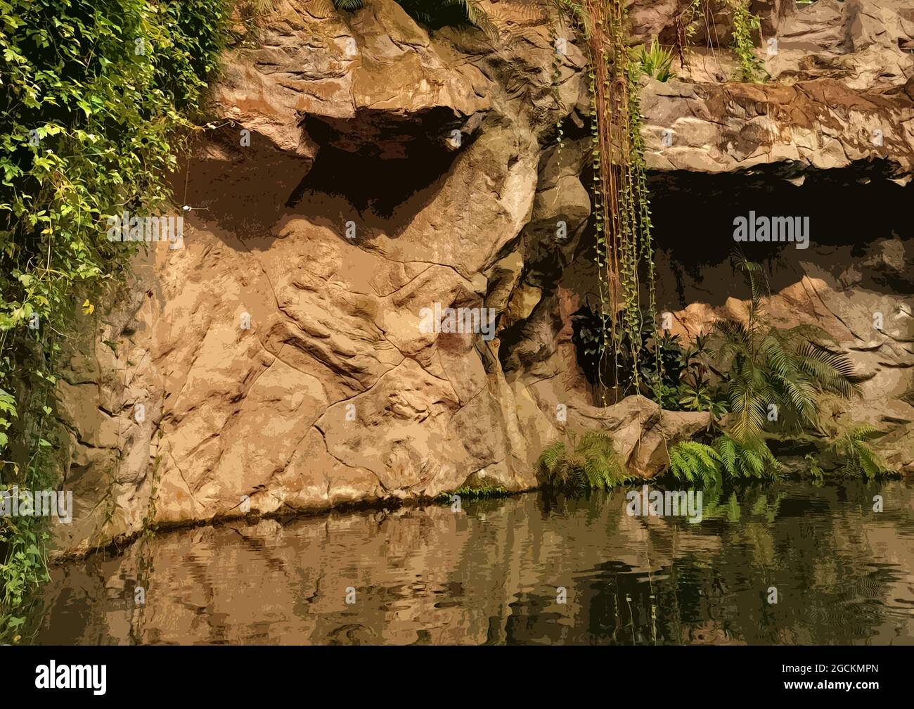 Tropischer Dschungel am Amazonas. Tropische Bäume und Pflanzen. Stilisiertes Foto. Stockfoto