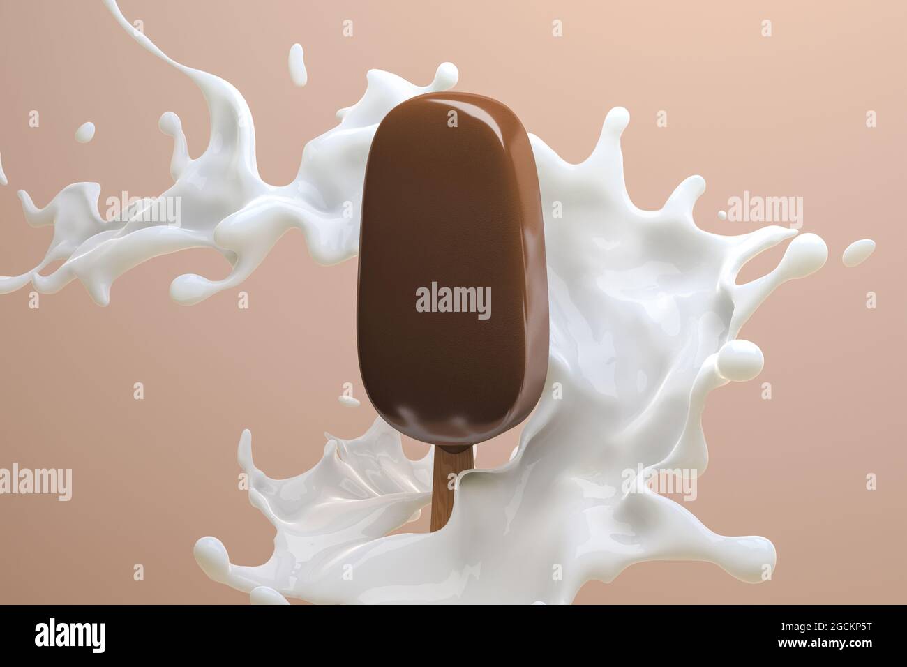 Seitenansicht eines Schokoladeneises, umgeben von einem Spritzer Milch Stockfoto