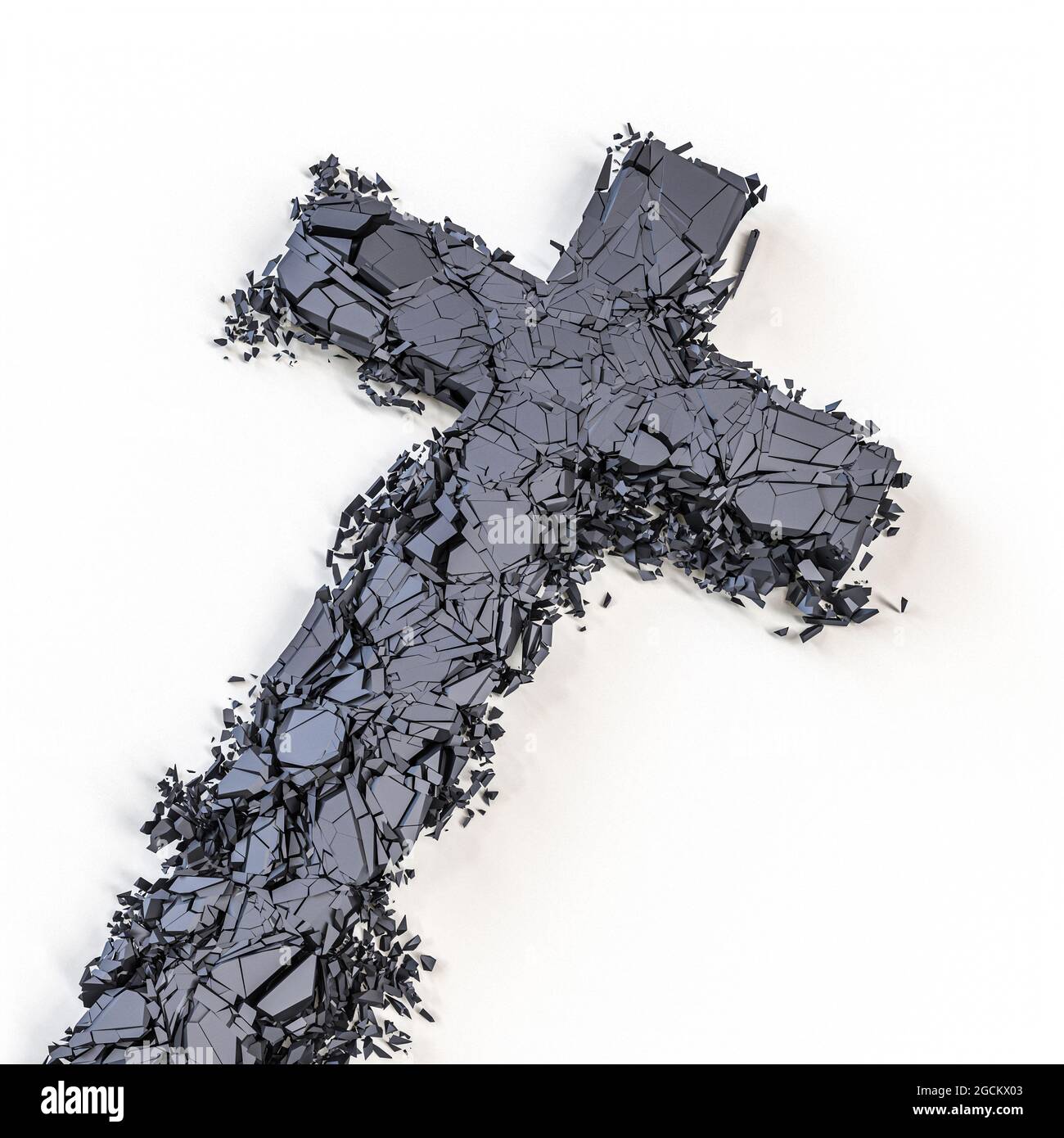Steinkruzifix, das zerbricht und in kleine Stücke zerbricht. 3d-Rendering Stockfoto