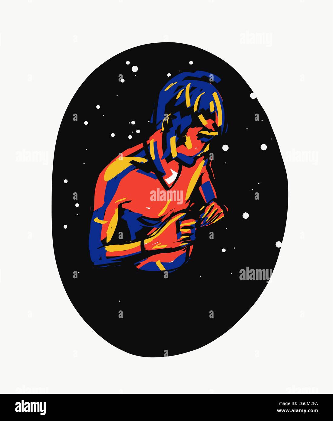 Vektor-Illustration von schüchternen Männchen auf dem Hintergrund des dunklen Nachthimmels mit Sternen Stockfoto