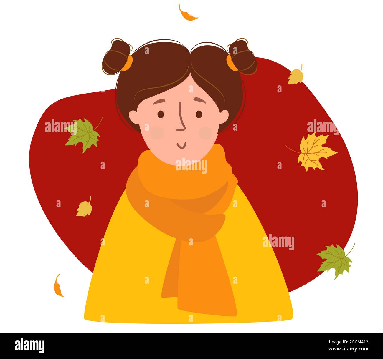Porträt eines Herbstmädchen. Nette Frau mit Frisur mit Herbstblättern. Vektorgrafik. Charakter im flachen Stil für Herbstdesign und Dekoration Stock Vektor