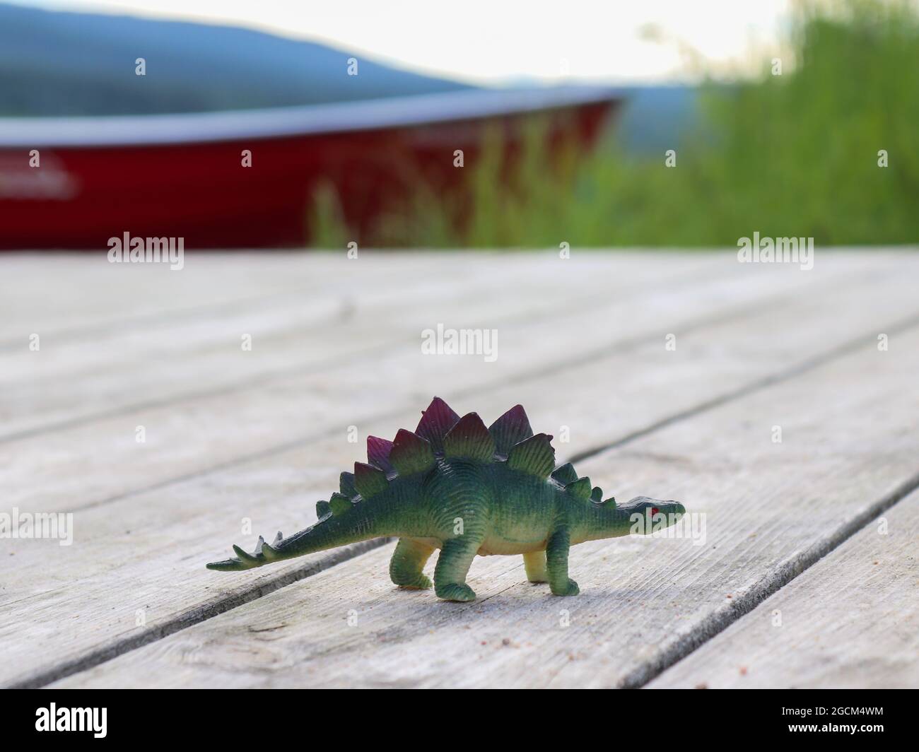 Dinosaurier-Spielzeug auf einem hölzernen Steg Stockfoto