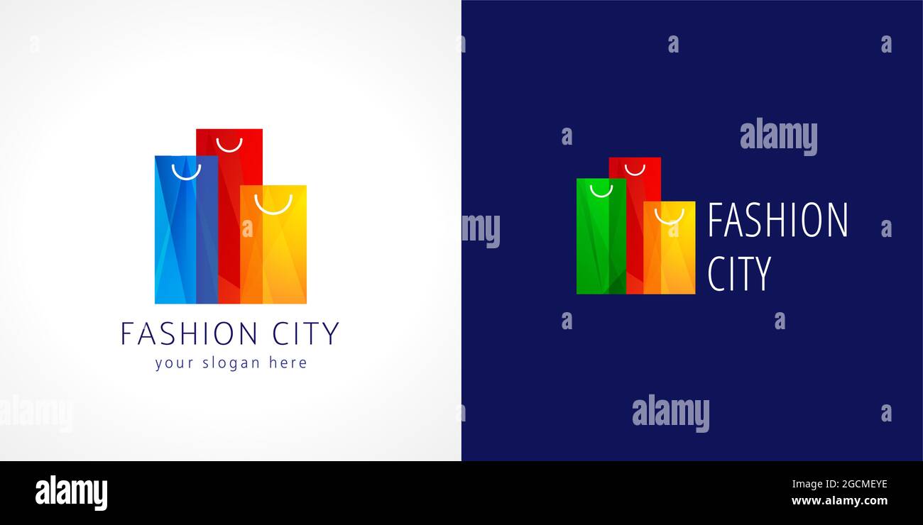 Fashion City Logo-Konzept. Idee zum Logo des Stores. Hochhäuser mit bunten Einkaufstaschen. Online-Bestellschild, Einkaufssymbol. Satz farbiger Verpackung Stock Vektor