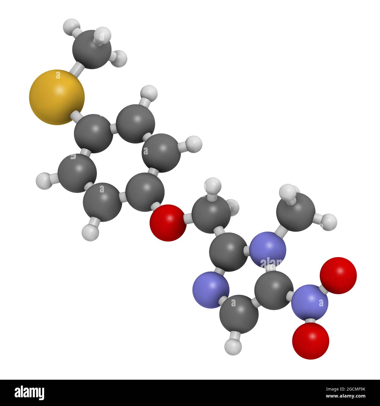 Fexinidazol antiprotozoales Wirkstoffmolekül. 3D-Rendering. Atome ar Stockfoto