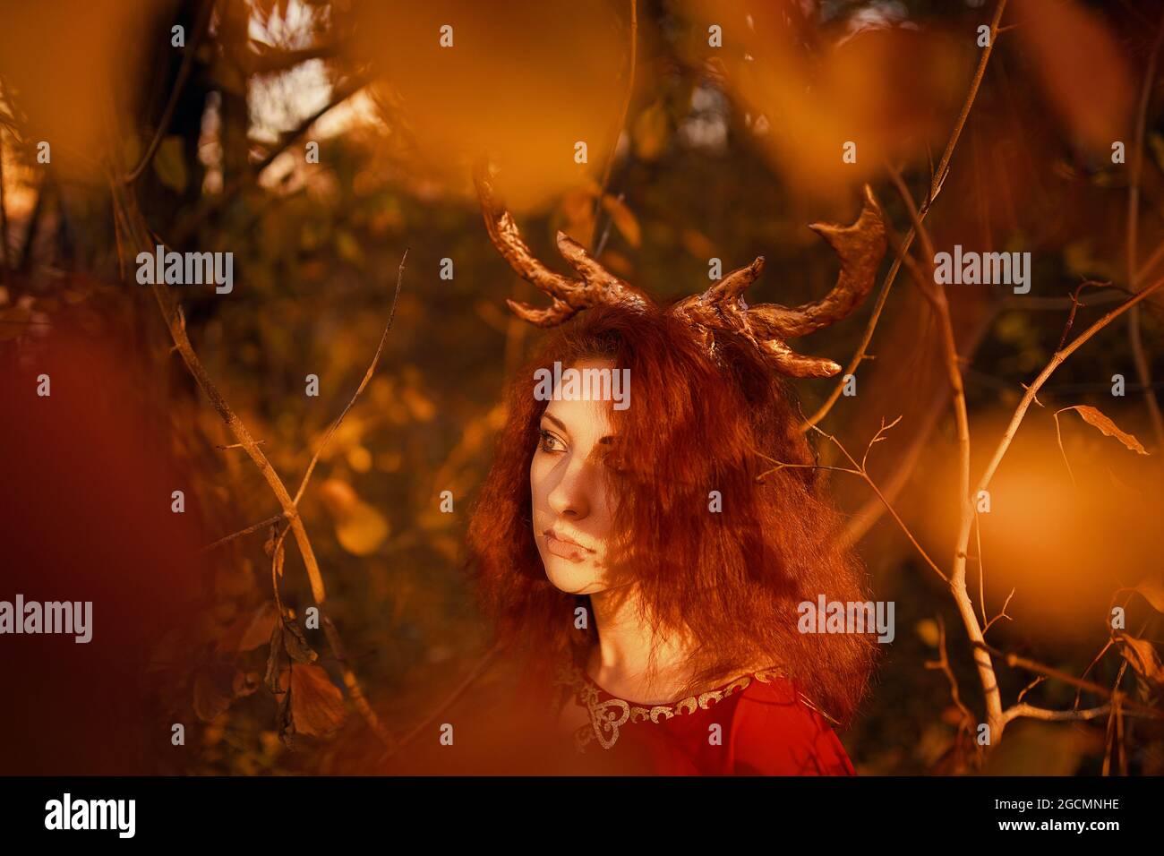 Frau im langen roten Kleid mit Hirschhörnern im Herbstwald. Der Märchendämon im roten Mantel mit einer Laterne in den Händen geht durch den Herbstwald und sucht nach magischen Kräutern. Stockfoto