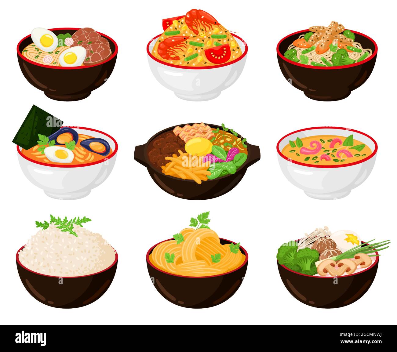 Asiatische traditionelle Küche Nudeln, Wok, Suppenschüsseln. Japanische Soba, udon, Ramen Nudelsuppe Schüsseln mit Essstäbchen Vektor-Illustration-Set. Traditionell Stock Vektor