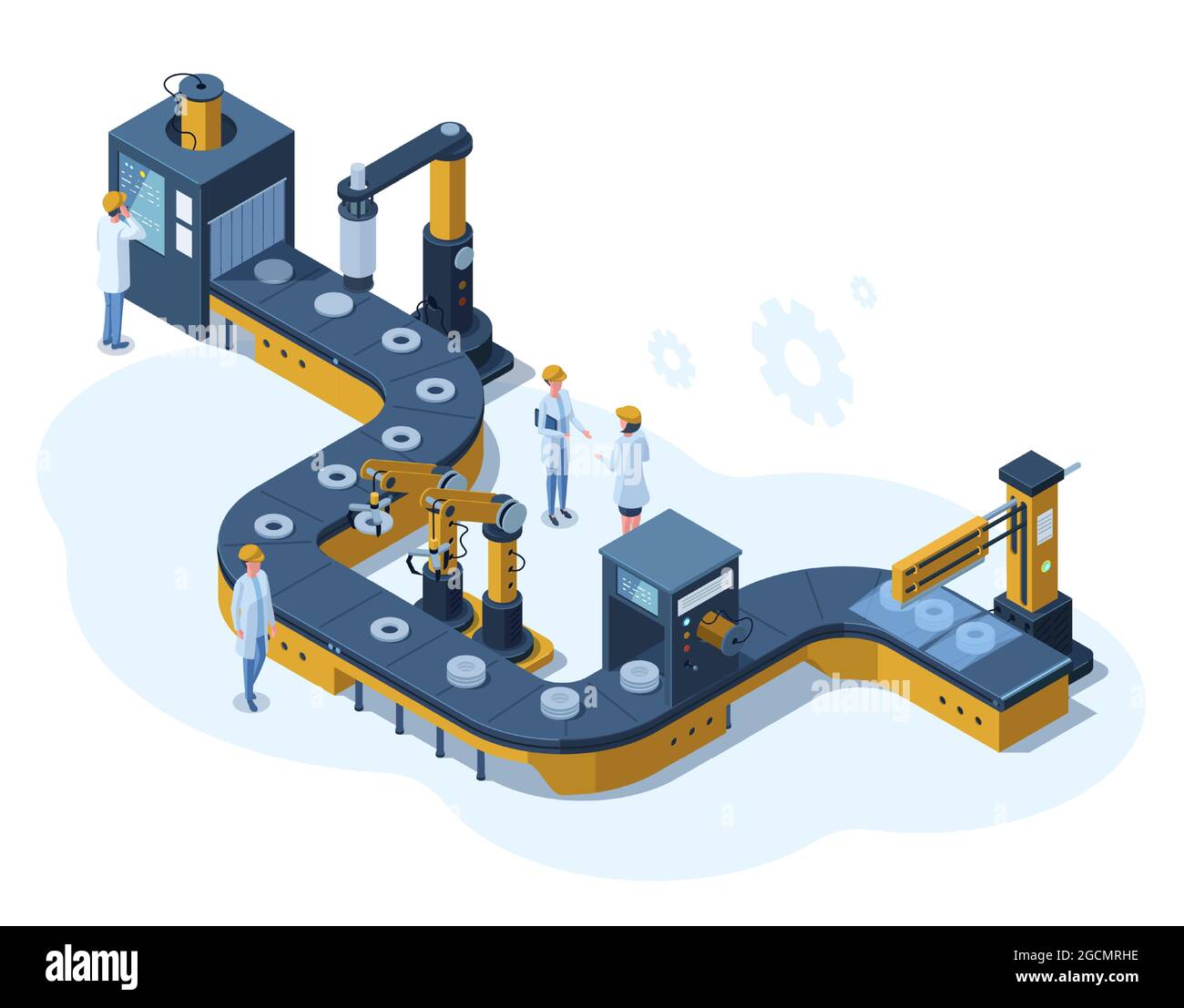 Isometrische Fabrik automatisierte mechanisierte Förderlinie. Industriell automatisierter Roboterförderer, Produktion 3d Linienvektor Illustration. Elektronisch Stock Vektor