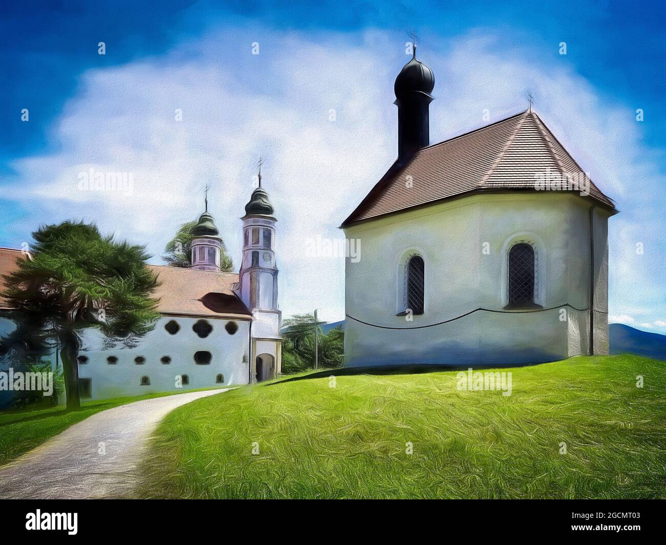 DE - BAVARIA: Leonardi-Kapelle und Kreuzkirche auf dem Kalvarienberg oberhalb von Bad Tölz, Bayern, Deutschland Stockfoto