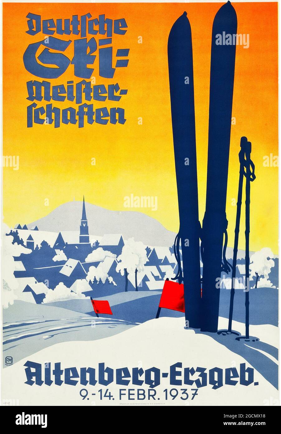 St. Ulrich, Gröden – Deutschland-Reiseplakat (C.1937). Poster Skimeisterschaft in Altenberg, Erzgebirge Stockfoto