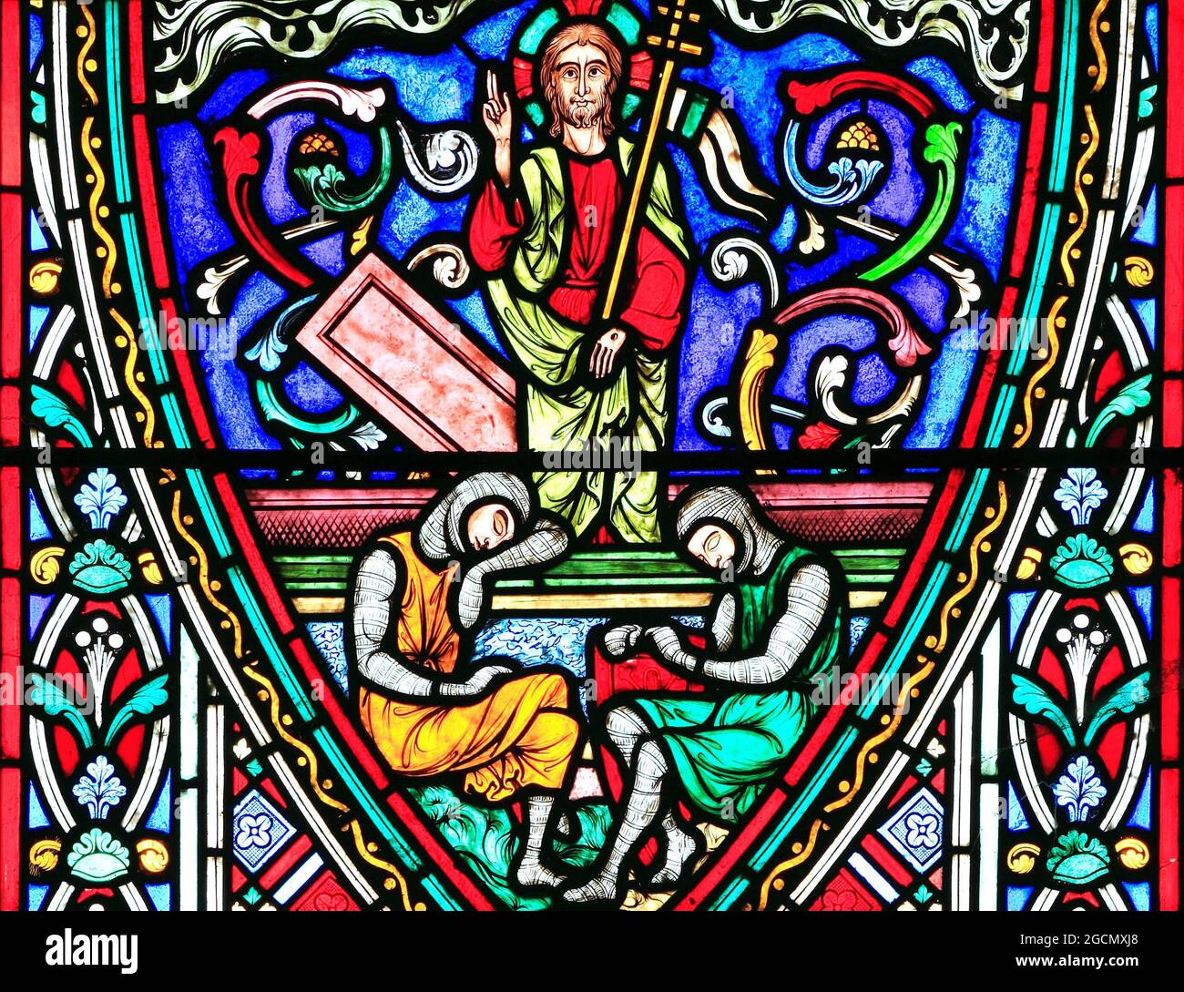 Auferstehung Christi, während römische Wachen schlafen, Glasfenster, von Didron von Paris, 1860, Geschichte von Ostern, Feltwell, Norfolk, England, Großbritannien Stockfoto