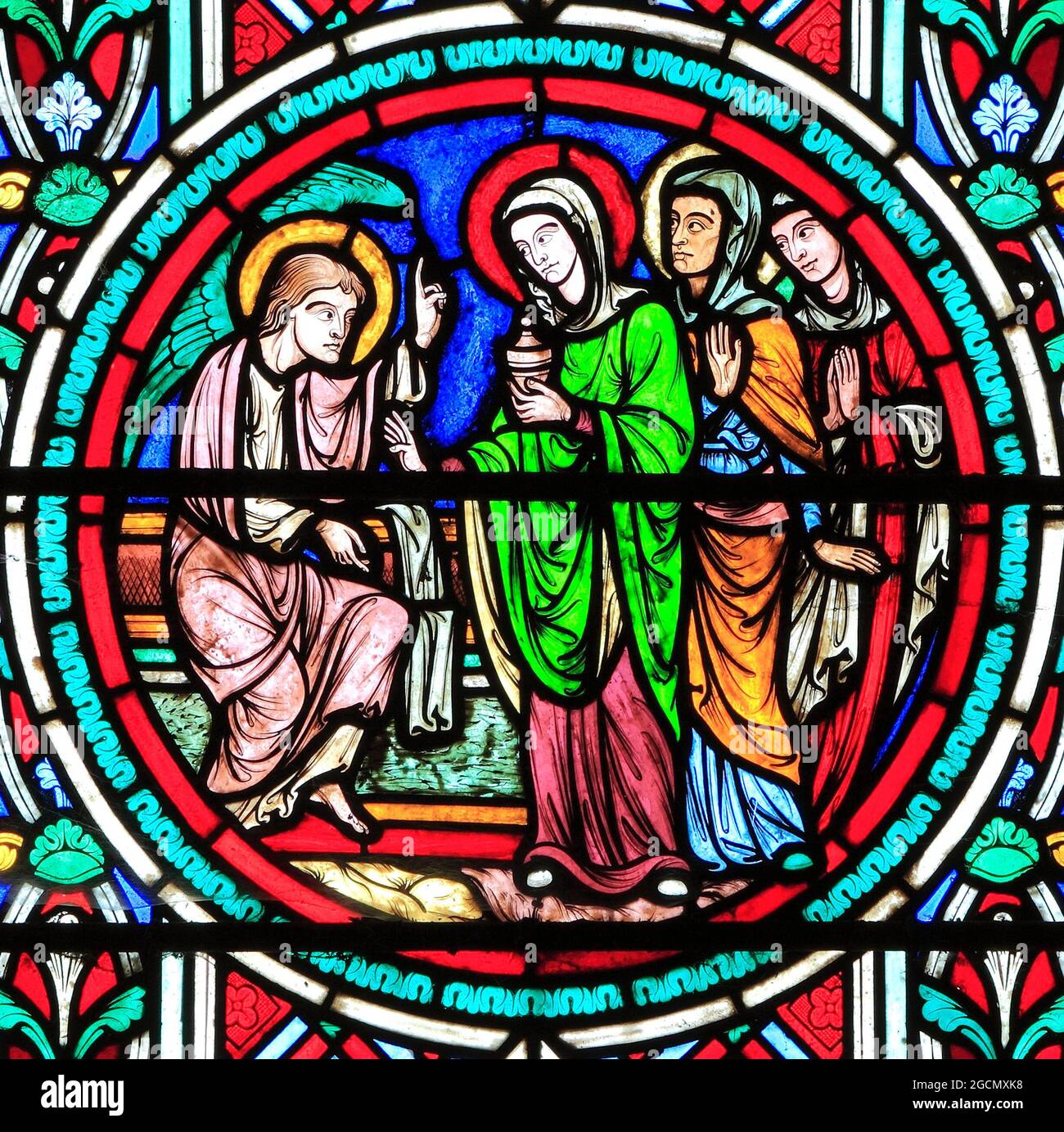 Three Marys, Meet the Angel at the Empty Tomb, Resurrection window, Buntglas, von Adolph Didron aus Paris, 1860, Feltwell, Norfolk, England, VEREINIGTES KÖNIGREICH Stockfoto
