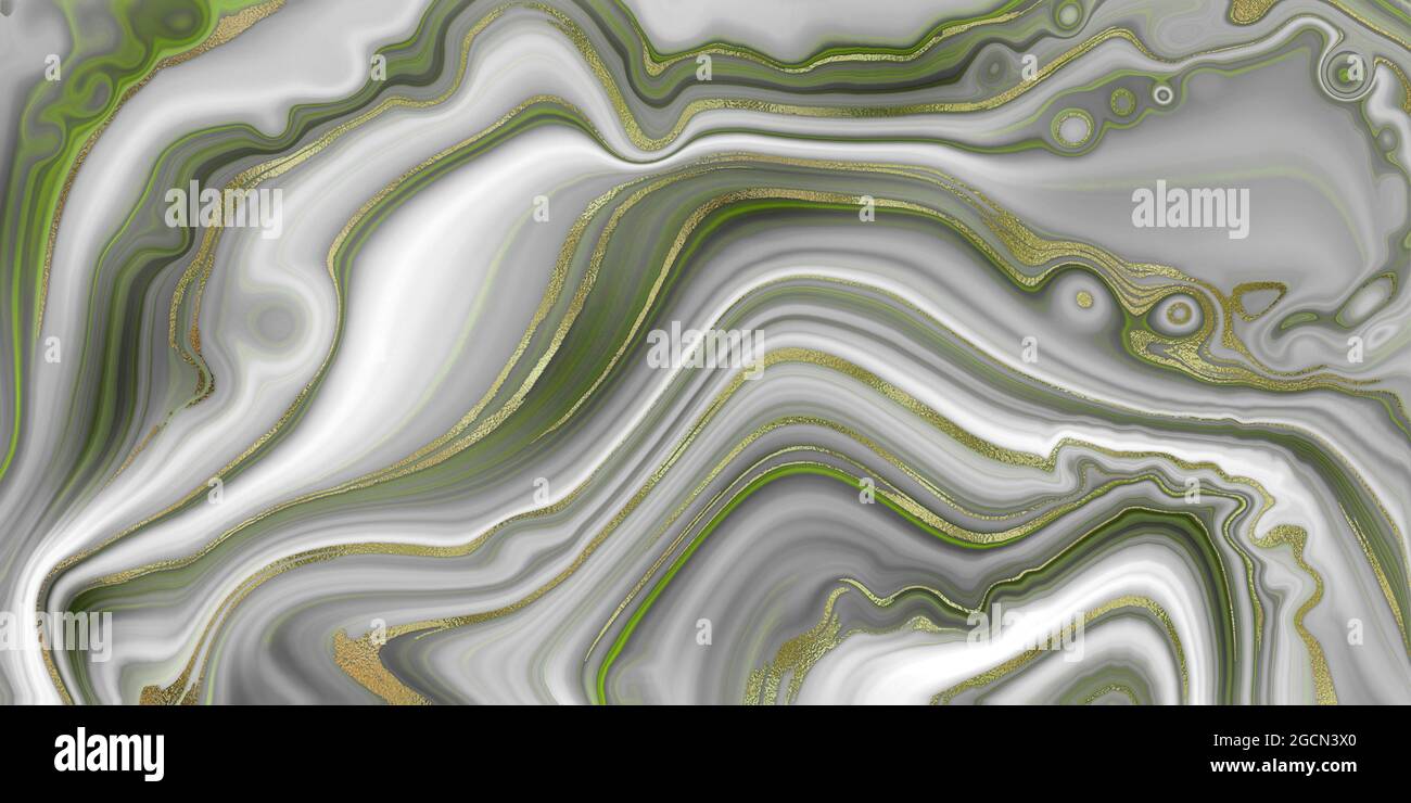 Abstrakter Hintergrund mit Achat-Marmor-Effekt, Struktur mit goldenen Streifen. Abstraktes Design aus pastellgrün-grauem, flüssigem Marmor mit goldenem Spritzer. Abbildung Stockfoto
