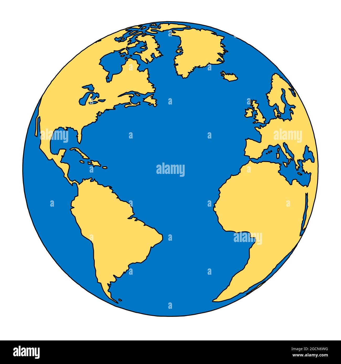 Planet Erde. Skizzierte, minimalistische Skizze des Globus mit Amerika, Afrika und Europa. Isolierte, flache Darstellung vor weißem Hintergrund. Stockfoto