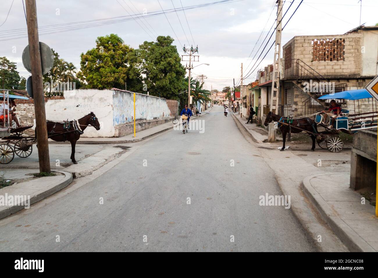 LAS TUNAS, KUBA - 27. JANUAR 2016: Zwei Pferdekarrisse überqueren eine Straße in Las Tunas. Stockfoto