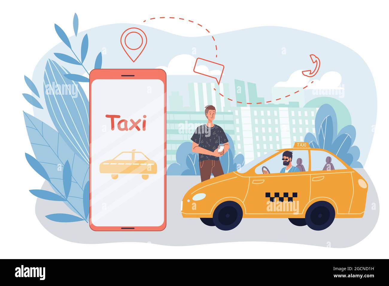 Wohnung Cartoon Mann Charakter bestellen Taxi mit mobilen App, Vektor-Illustration Konzept Stock Vektor