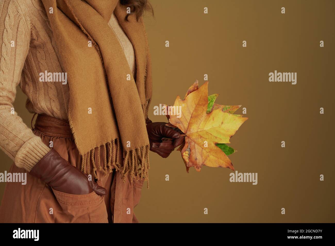 Hallo oktober. Nahaufnahme der Frau im Schal mit Lederhandschuhen und gelben Herbstahornblättern auf bronzenem Hintergrund. Stockfoto