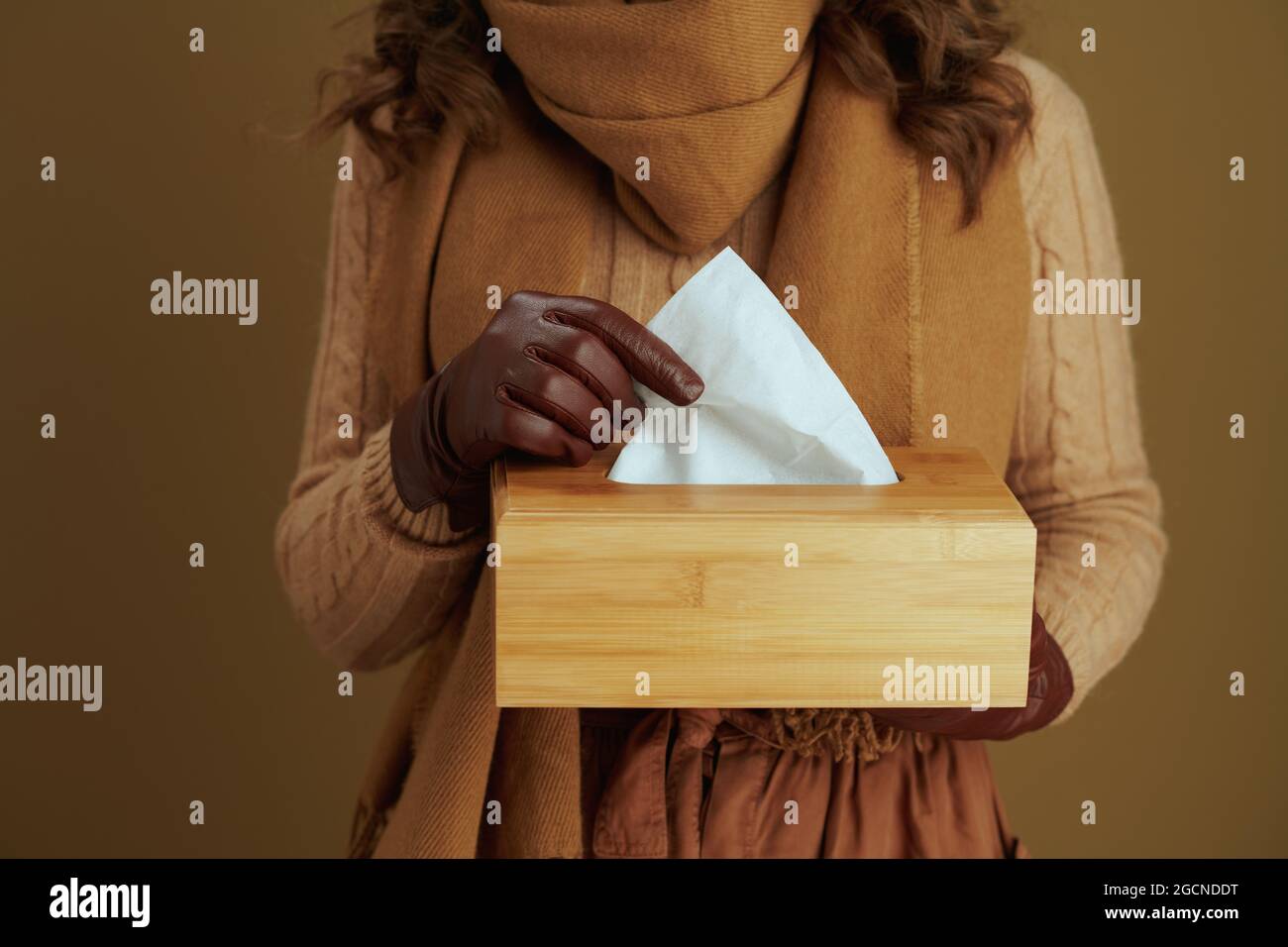 Hallo september. Nahaufnahme der Frau im Schal mit Papiertaschentüchern und Lederhandschuhen isoliert auf braunem Hintergrund. Stockfoto