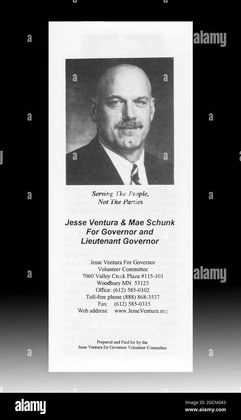 1998 Wahljahresmaterial für Minnesota-Reform-Parteianwärter für Gouverneur und Leutnant Gouverneur, Jesse Ventura und Mae Schunk. Stockfoto