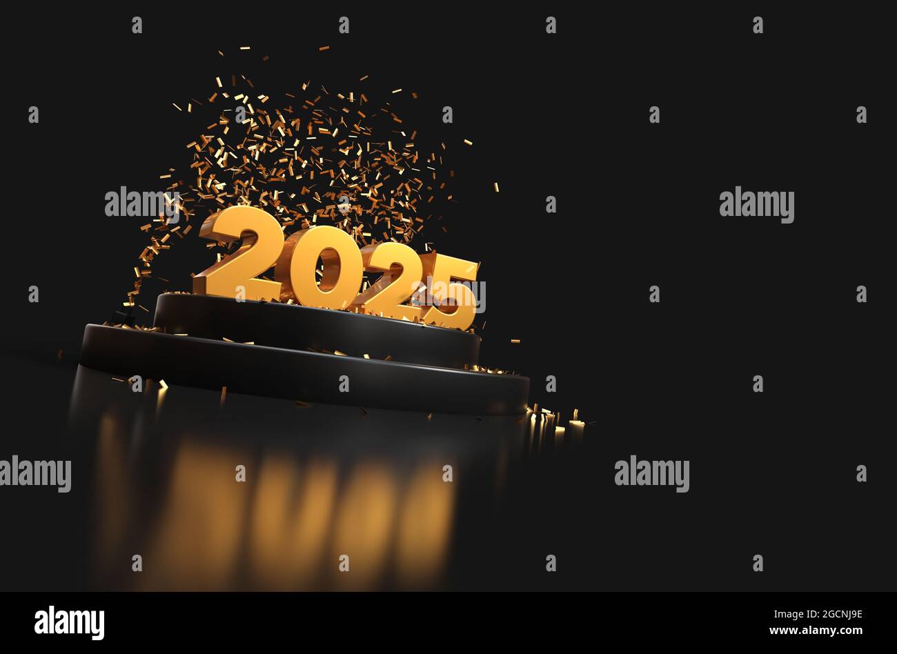 Frohes neues Jahr 2025 - 3D Rendering - Gold und schwarze Farben Stockfoto