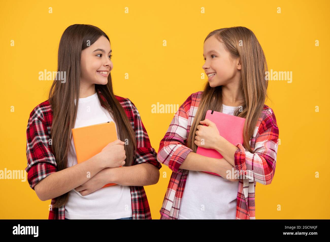 Glückliche Teenager-Mädchen in lässigem karierten Hemd mit Notizbüchern, Schwesternschaft Stockfoto