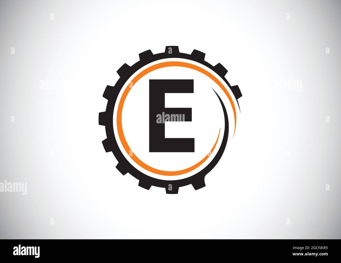 Anfängliches E-Monogramm-Alphabet in einer Zahnradspirale. Logo des Zahnradtechnikers. Logo für Automobil-, Mechanik-, Technologie-, Setting-, Reparaturgeschäft Stock Vektor