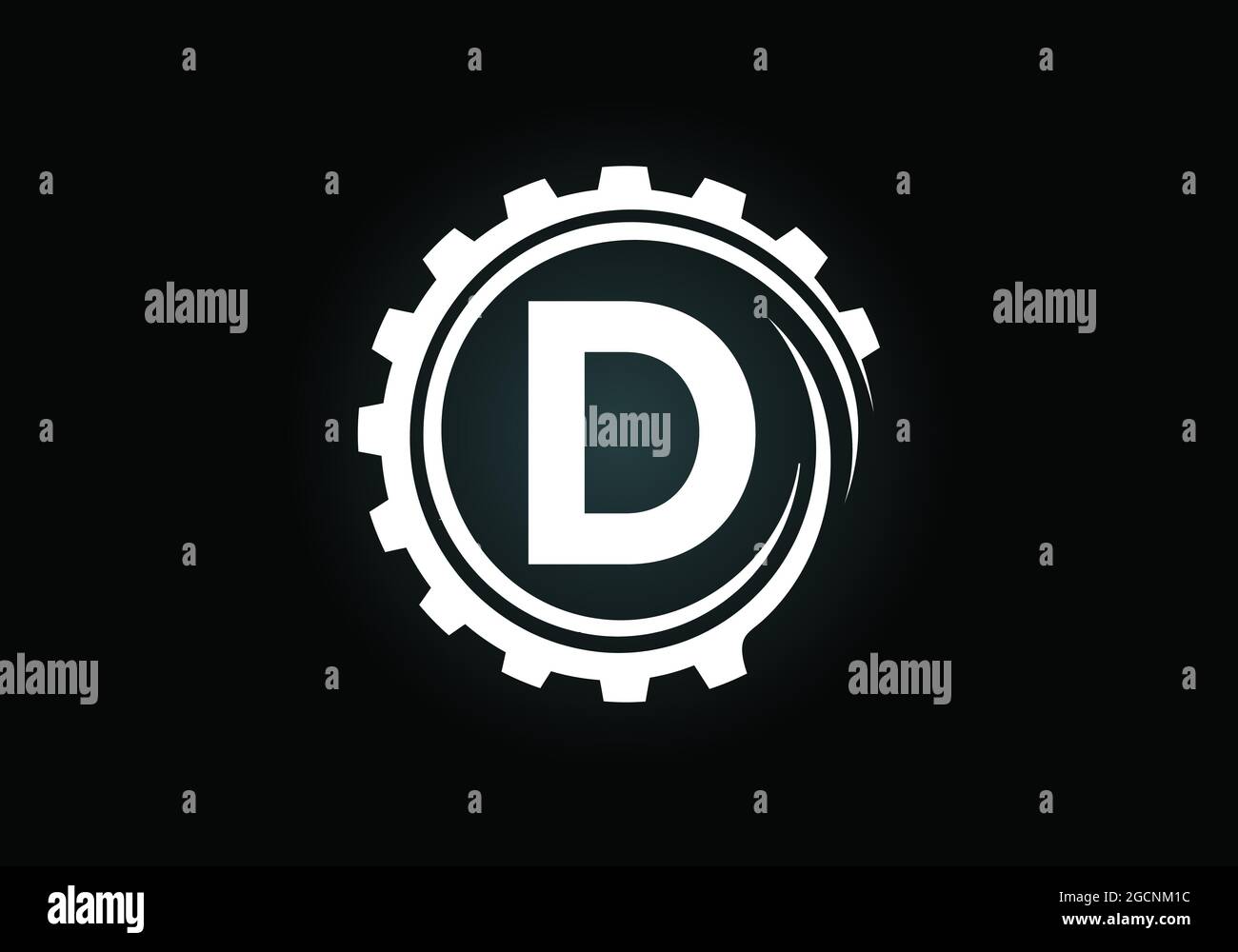 Anfängliches D-Monogramm-Alphabet in einer Zahnradspirale. Logo des Zahnradtechnikers. Logo für Automobil-, Mechanik-, Technologie-, Setting-, Reparaturgeschäft Stock Vektor
