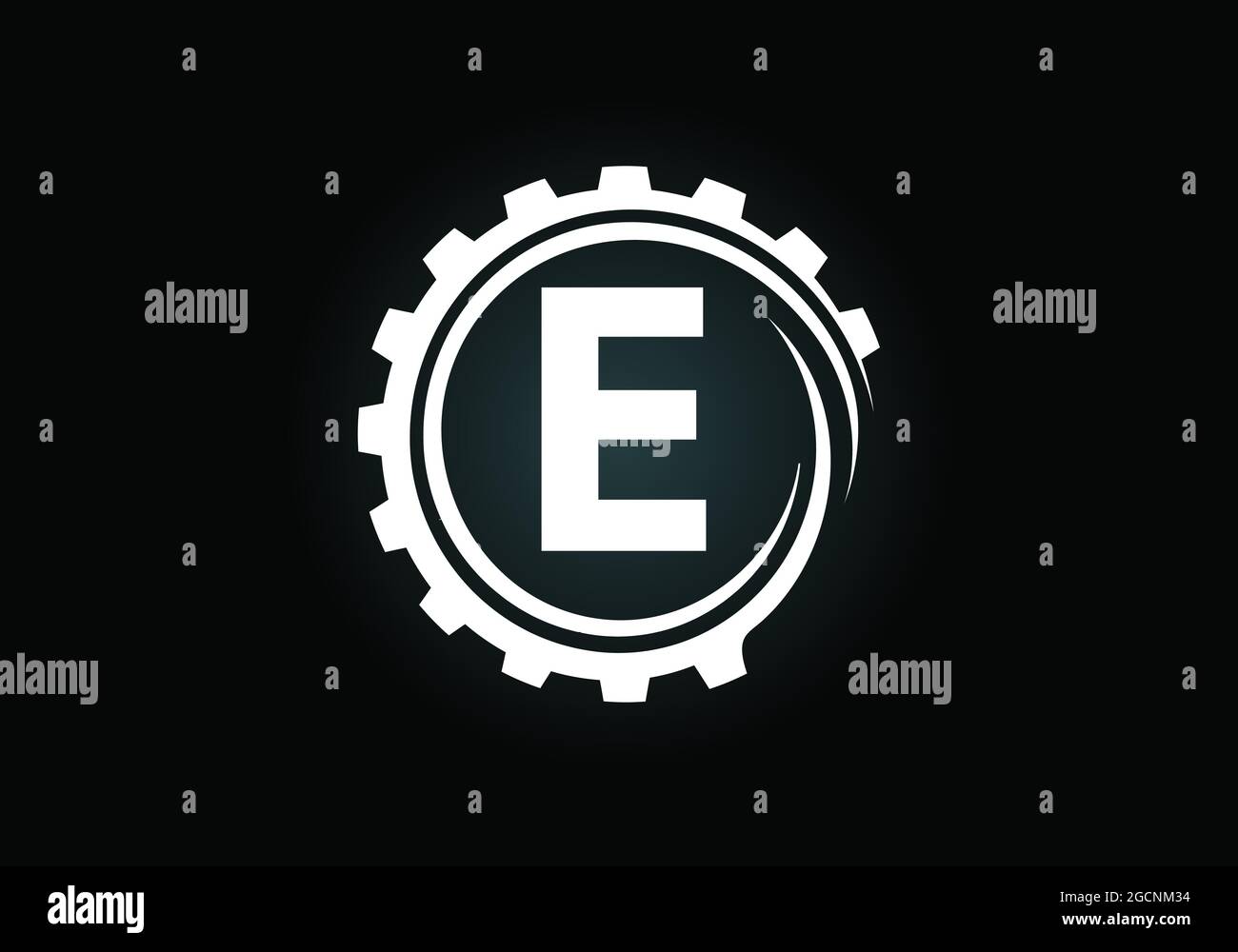 Anfängliches E-Monogramm-Alphabet in einer Zahnradspirale. Logo des Zahnradtechnikers. Logo für Automobil-, Mechanik-, Technologie-, Setting-, Reparaturgeschäft Stock Vektor