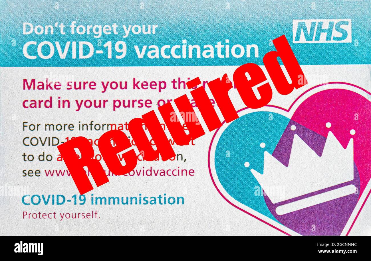 Die Abbildung zeigt, dass möglicherweise eine Covid 19-Impfkarte erforderlich ist, um nachzuweisen, dass zwei Impfungen durchgeführt wurden. Stockfoto